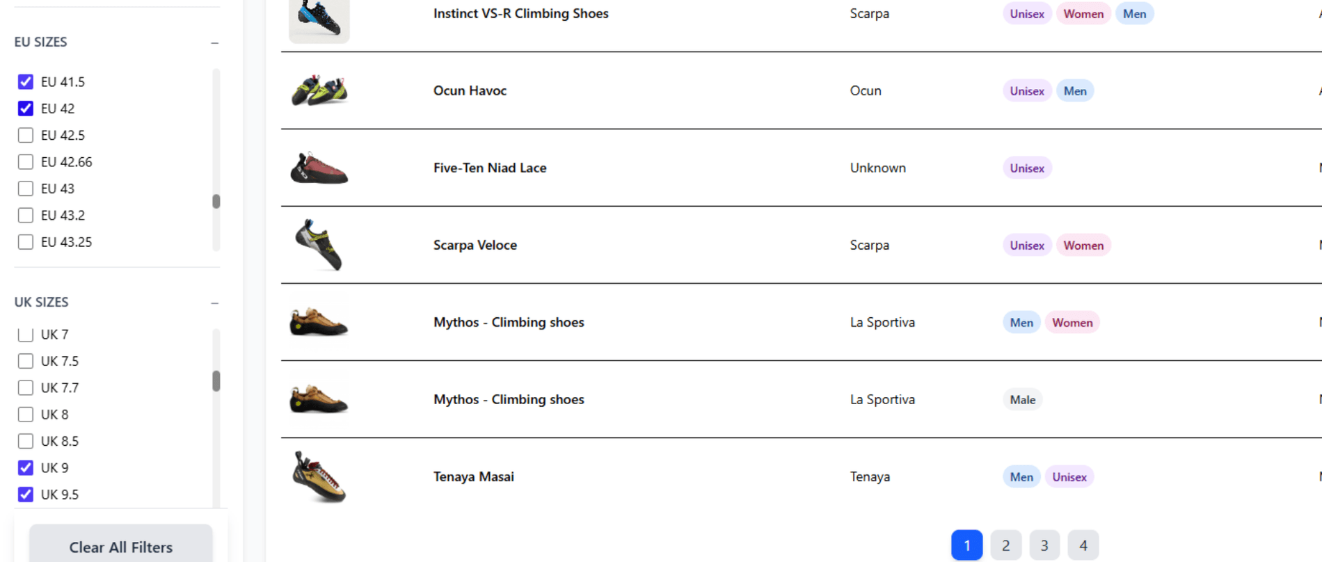 EU and UK size filters showing only sizes actually in stock