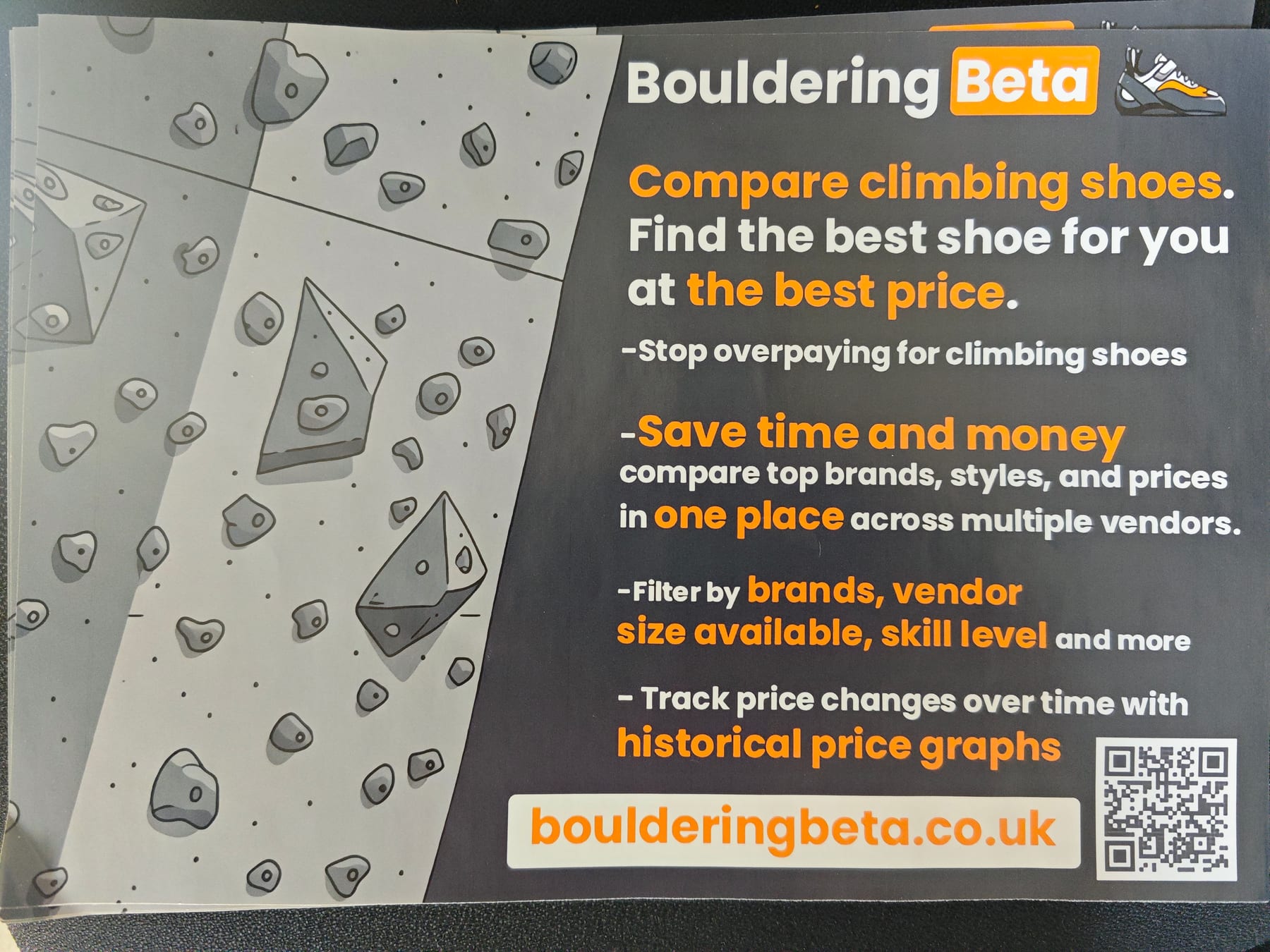 Printed Bouldering Beta poster with climbing wall artwork, feature list and a QR code