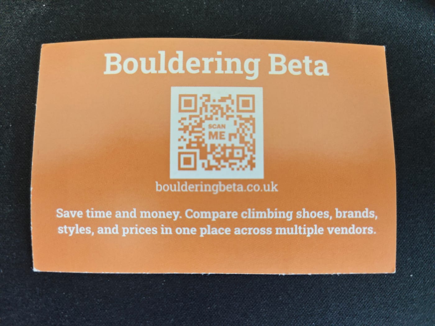 Printed Bouldering Beta business card with QR code and strapline