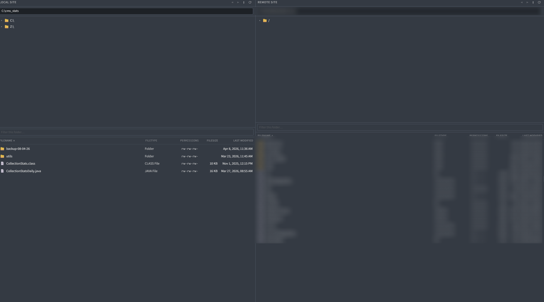 The plugin's two-pane SFTP browser in dark mode, local files left and remote right, with filter, filetype, permissions, size and modified columns